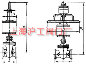 Z6s41H、Z6s41Y 型 PN16~PN63 法蘭連接氣動(dòng)楔式閘閥主要外形及結(jié)構(gòu)尺寸示意圖